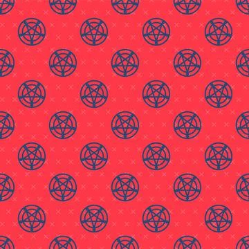 Blue line Pentagram in a circle icon isolated seamless pattern on red background Stock Illustration
