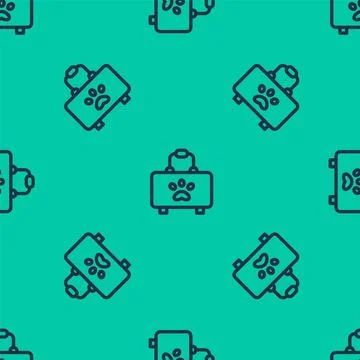 Blue line Pet first aid kit icon isolated seamless pattern on green backgroun Stock Illustration