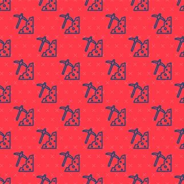 Blue line Pickaxe icon isolated seamless pattern on red background.  Vector Illustrazione stock