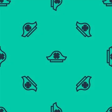 Blue line Pirate hat icon isolated seamless pattern on green background.  V.. Stock Illustration