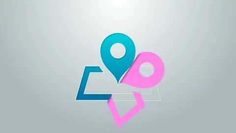 Blue line Placeholder on map paper in perspective icon isolated on grey Video stock 145100542