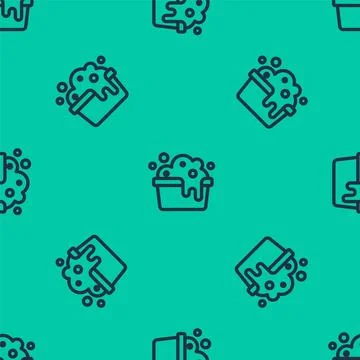 Blue line Plastic basin with soap suds icon isolated seamless pattern on green Illustrazione stock