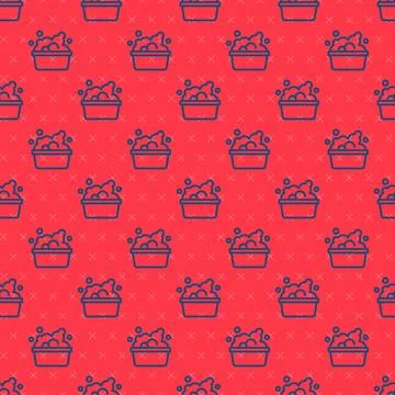 Blue line Plastic basin with soap suds icon isolated seamless pattern on re.. Illustrazione stock