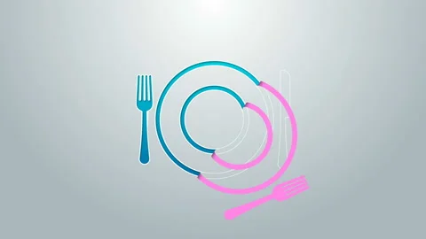 Blue line Plate, fork and knife icon isolated on grey background. Cutlery symbol Video stock 145096028