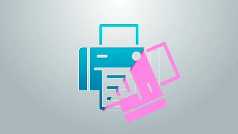 Blue line Printer icon isolated on grey background. 4K Video motion graphic Stock Footage 145377829