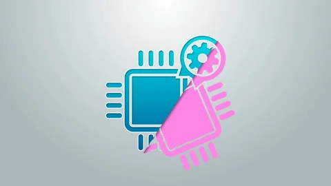 Blue line Processor and gear icon isolated on grey background. CPU, chip service Stock Footage 144963103