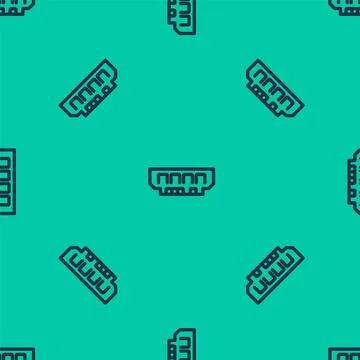 Blue line RAM, random access memory icon isolated seamless pattern on green Stock Illustration