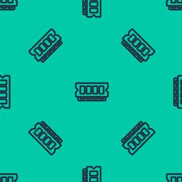 Blue line RAM, random access memory icon isolated seamless pattern on green Illustrazione stock