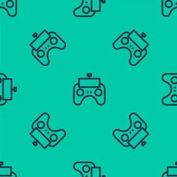 Blue line Remote control icon isolated seamless pattern on green background Stock Illustration