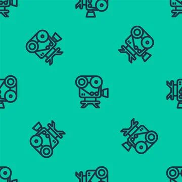 Blue line Retro cinema camera icon isolated seamless pattern on green background イラスト素材
