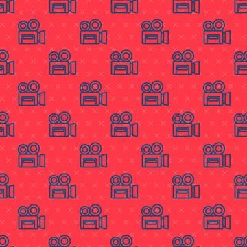Blue line Retro cinema camera icon isolated seamless pattern on red background Illustrazione stock