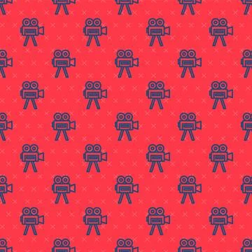 Blue line Retro cinema camera icon isolated seamless pattern on red backgro.. Illustrazione stock