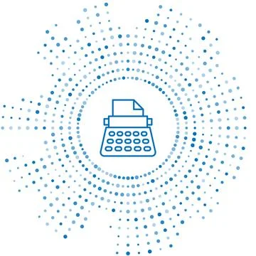 Blue line Retro typewriter and paper sheet icon isolated on white background. Stock Illustration