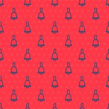 Blue line Ringing bell icon isolated seamless pattern on red background. Alarm 스톡 일러스트
