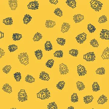 Blue line Robot burned out icon isolated seamless pattern on yellow background イラスト素材