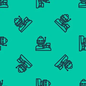 Blue line Robot humanoid driving a car icon isolated seamless pattern on green Stock Illustration