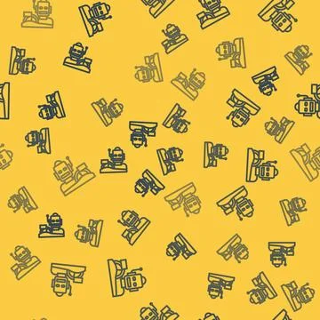 Blue line Robot humanoid driving a car icon isolated seamless pattern on yell Illustrazione stock