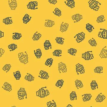 Blue line Robot icon isolated seamless pattern on yellow background. Artificial Stock Illustration