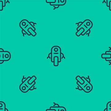 Blue line Robot icon isolated seamless pattern on green background. Artificial Stock Illustration