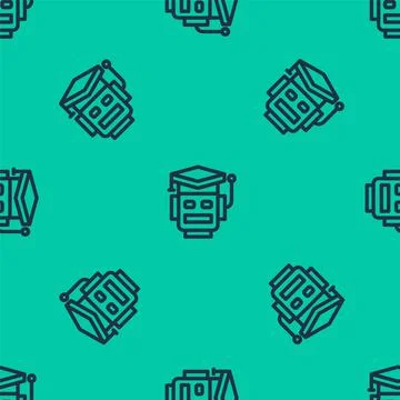 Blue line Robot icon isolated seamless pattern on green background. Artificial Stock Illustration