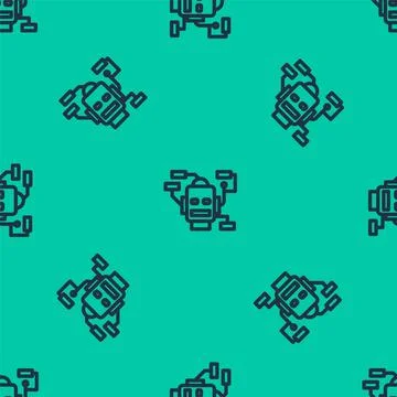 Blue line Robot icon isolated seamless pattern on green background. Artificial Stock Illustration