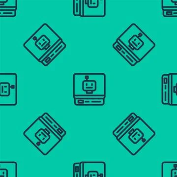 Blue line Robot icon isolated seamless pattern on green background. Artificia Illustrazione stock