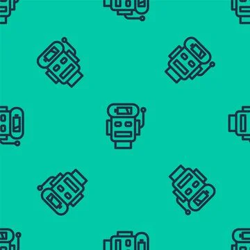 Blue line Robot low battery charge icon isolated seamless pattern on green 스톡 일러스트