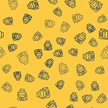 Blue line Robot low battery charge icon isolated seamless pattern on yellow 스톡 일러스트