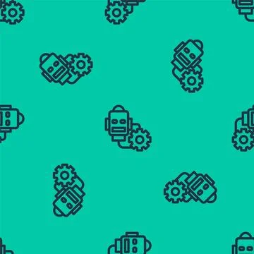 Blue line Robot setting icon isolated seamless pattern on green background. A Illustrazione stock