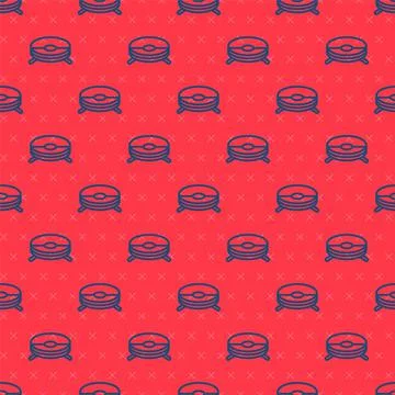 Blue line Robot vacuum cleaner icon isolated seamless pattern on red background Illustrazione stock