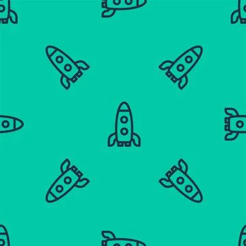 Blue line Rocket ship icon isolated seamless pattern on green background. Space Stock Illustration