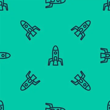 Blue line Rocket ship icon isolated seamless pattern on green background. Space Stockillustratie