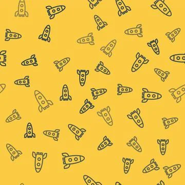 Blue line Rocket ship icon isolated seamless pattern on yellow background. Space イラスト素材