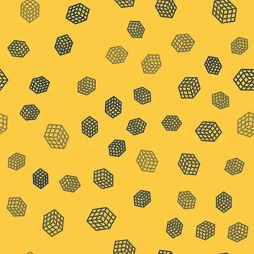 Blue line Rubik cube icon isolated seamless pattern on yellow background Illustrazione stock