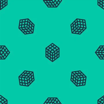 Blue line Rubik cube icon isolated seamless pattern on green background Illustrazione stock
