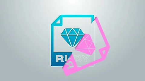 Blue line RUBY file document. Download ruby button icon isolated on grey Stock Footage 144966420