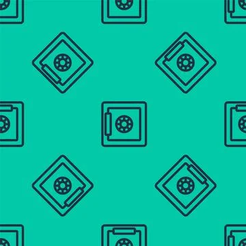 Blue line Safe icon isolated seamless pattern on green background. The door safe Illustrazione stock