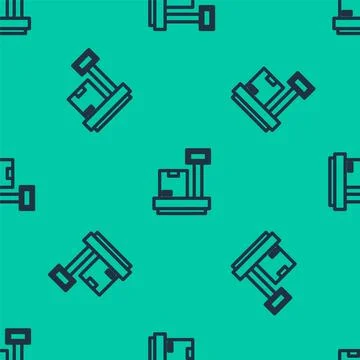 Blue line Scale with cardboard box icon isolated seamless pattern on green .. Illustrazione stock