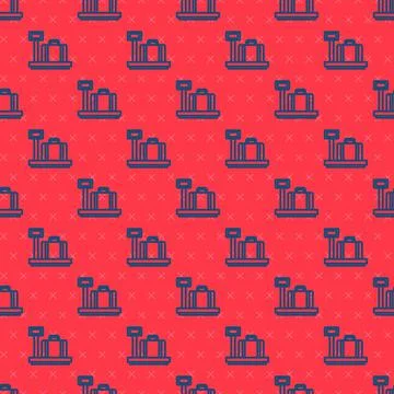 Blue line Scale with suitcase icon isolated seamless pattern on red backgroun Illustrazione stock