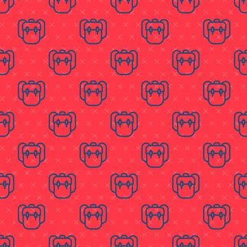 Blue line School backpack icon isolated seamless pattern on red background Illustrazione stock