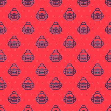 Blue line School backpack icon isolated seamless pattern on red background Stockillustratie