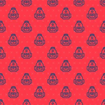 Blue line School backpack icon isolated seamless pattern on red background.   イラスト素材