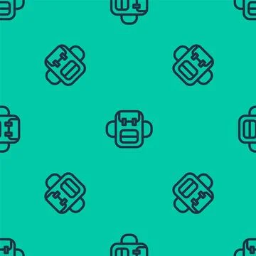 Blue line School backpack icon isolated seamless pattern on green background. 스톡 일러스트