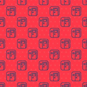 Blue line School classroom icon isolated seamless pattern on red background Illustrazione stock