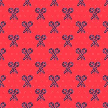 Blue line Scissors with cut line icon isolated seamless pattern on red イラスト素材