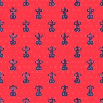 Blue line Scissors icon isolated seamless pattern on red background. Tailor Illustrazione stock
