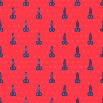 Blue line Scissors icon isolated seamless pattern on red background. Tailor Stockillustratie