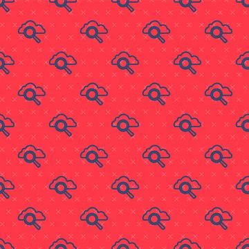 Blue line Search cloud computing icon isolated seamless pattern on red backgr Stock Illustration