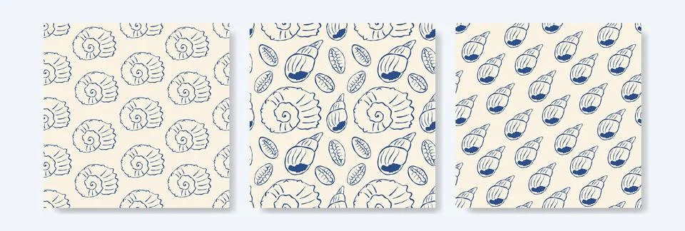 Blue line seashells patterns on cream backgrounds Stock Illustration
