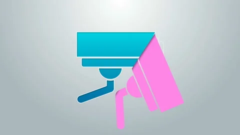 Blue line Security camera icon isolated on grey background. 4K Video motion Stock Footage 145299082